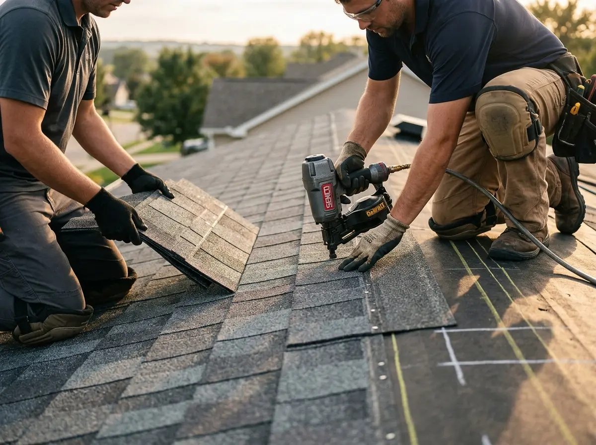 Professional roofer working on a residential roof in Central